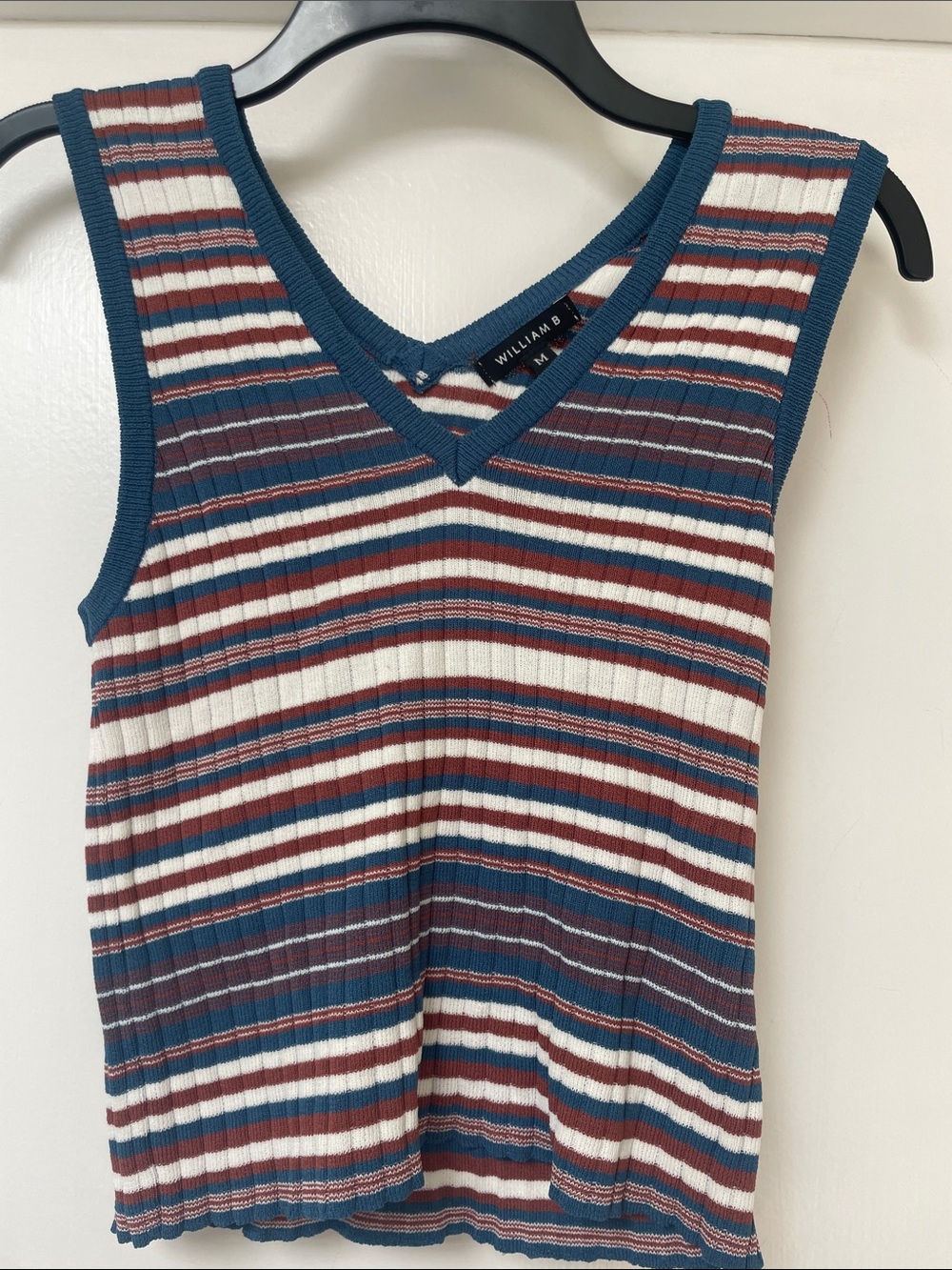 William B Striped V-Neck Ribbed Tank Top in Blue, Brown & White